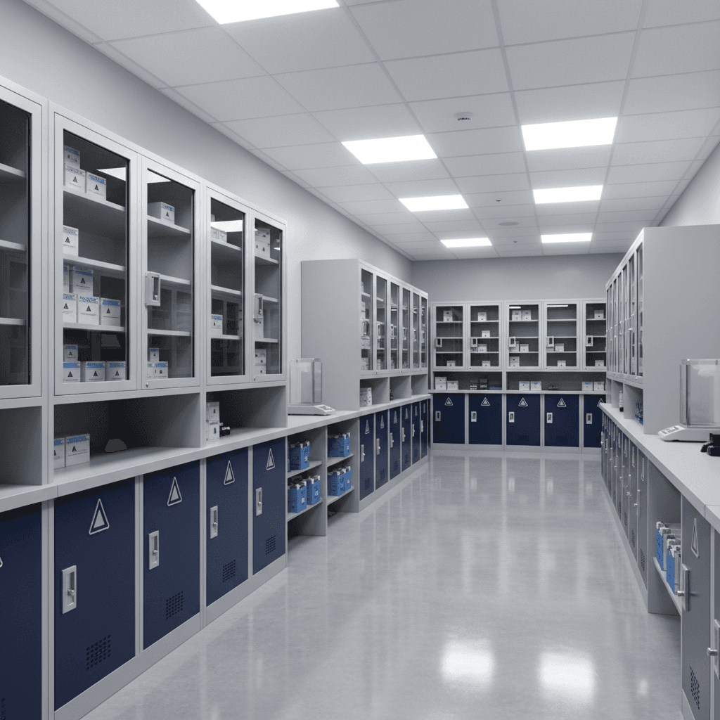Modern evidence storage room with organized locker systems