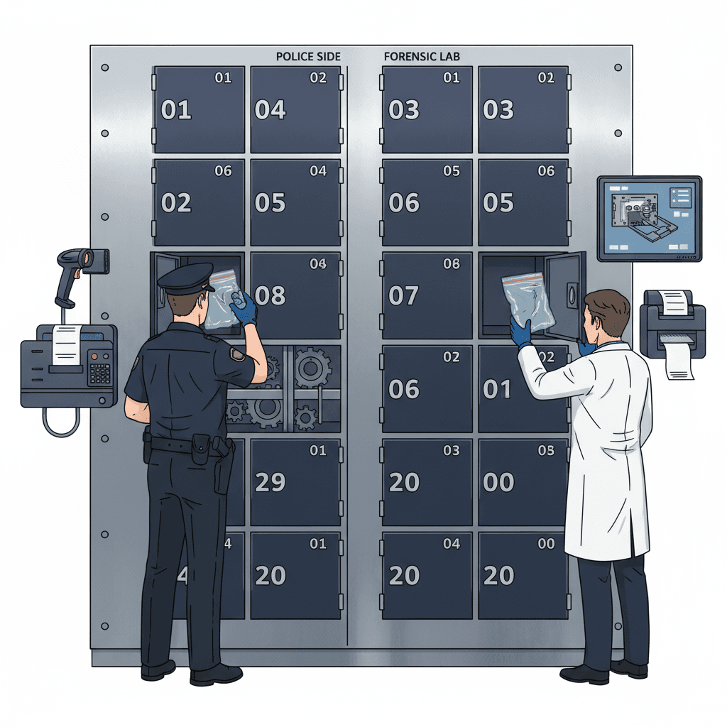 Pass-through evidence storage locker with dual access doors